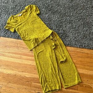Free People BEACH Cross Front Wide Leg Cropped Pants and Matching Top Mustard XS